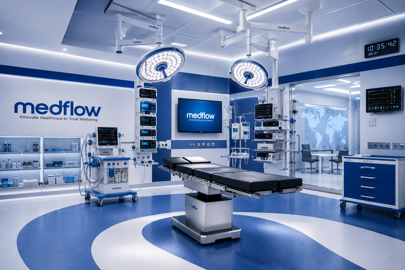 Modern surgical operating room complex featuring robotic arms, integrated 4K medical displays, and the Medflow brand