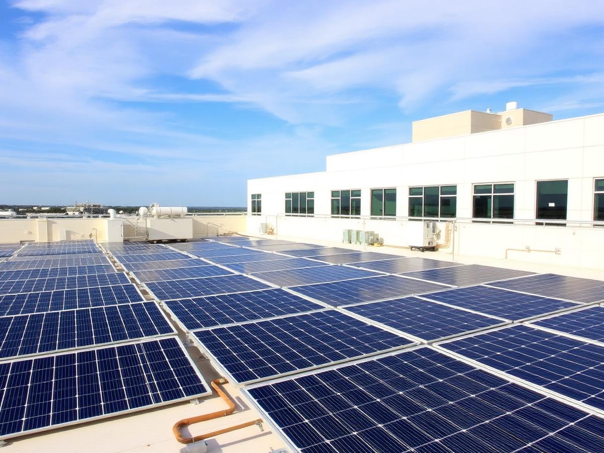 Solar panel array on a modern hospital rooftop