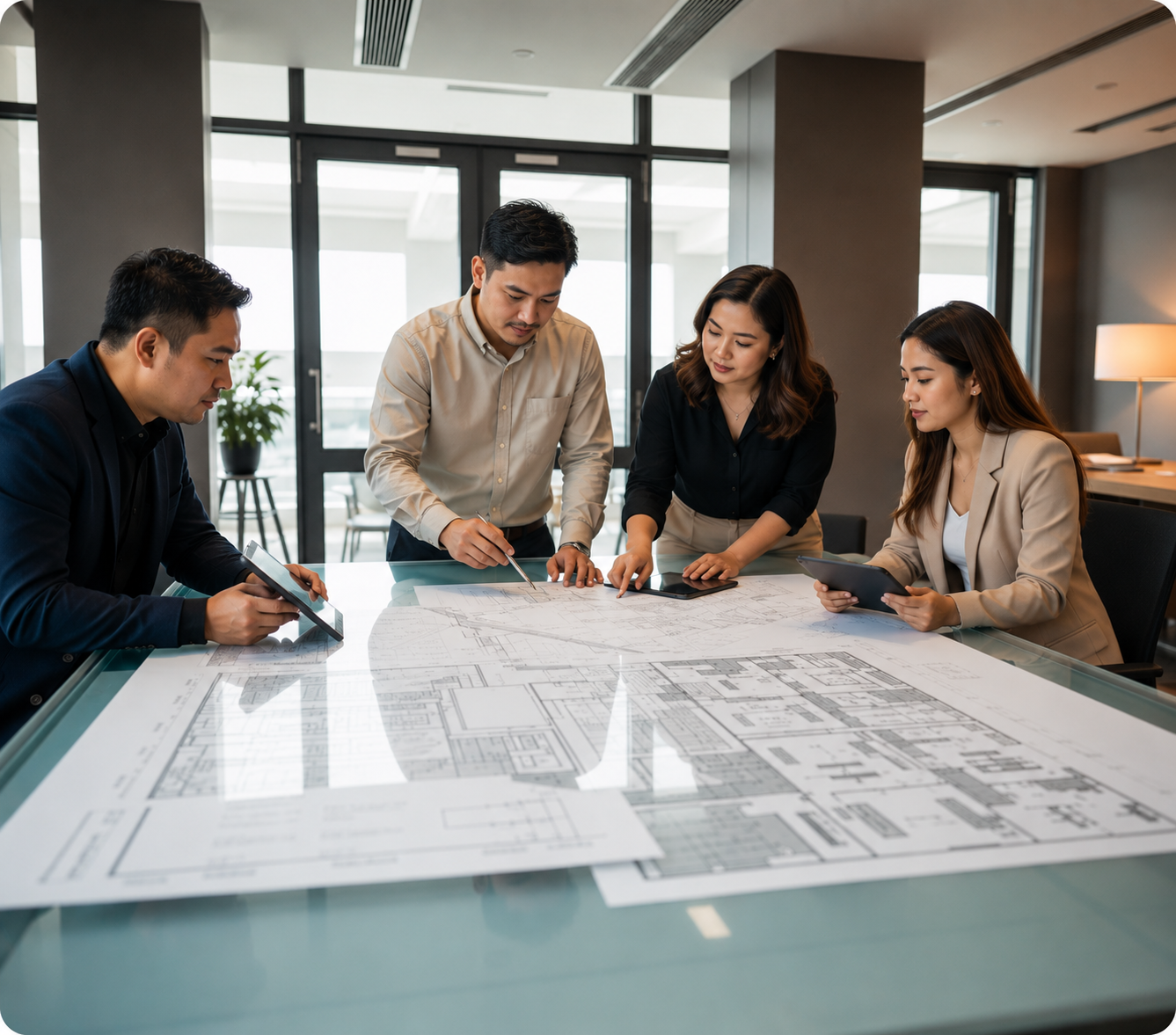 Medflow architects and biomedical engineers reviewing hospital floor plans